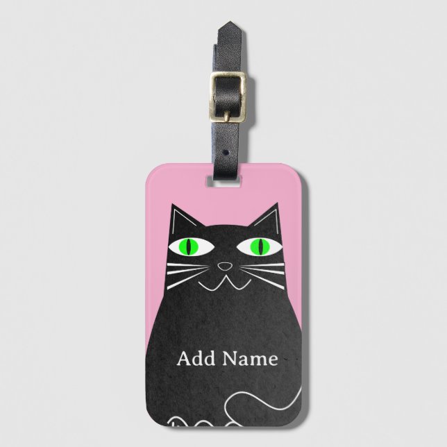 Schwarze Fett-Katze mit grünem Individuelle Name r Gepäckanhänger (Vorderseite Vertikal)
