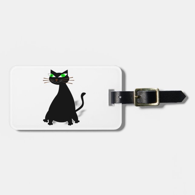 Schwarze Fett-Katze mit grünen Augen Gepäckanhänger (Vorderseite horizontal)