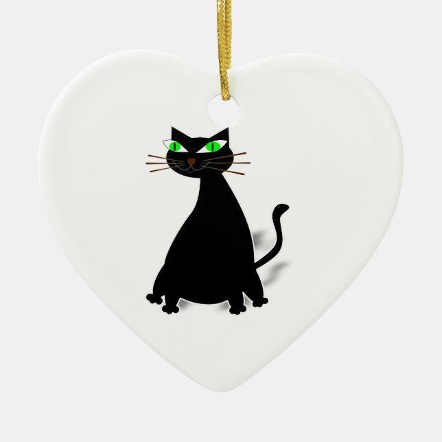 Schwarze Fett-Katze mit grünen Augen Keramikornament (Vorne)