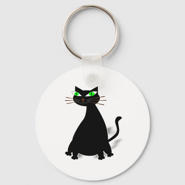 Schwarze Fett-Katze mit grünen Augen Schlüsselanhänger (Vorderseite)