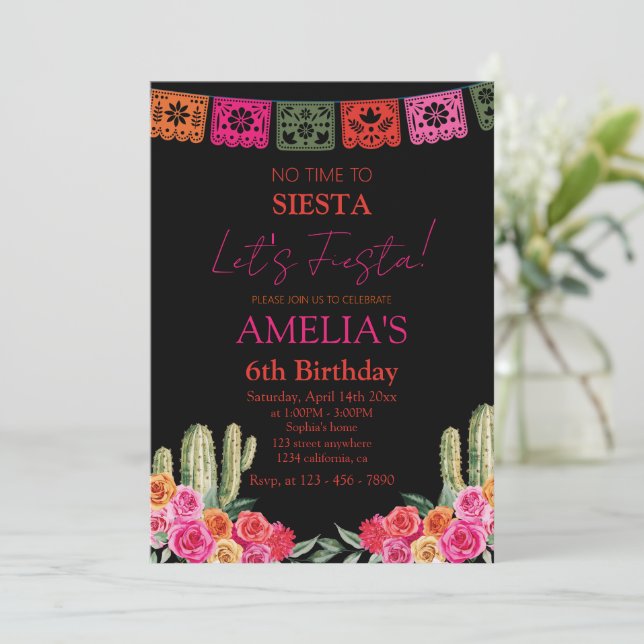 schwarze Fiesta, mexikanisches Mädchen, Geburtstag Einladung (Stehend Vorderseite)