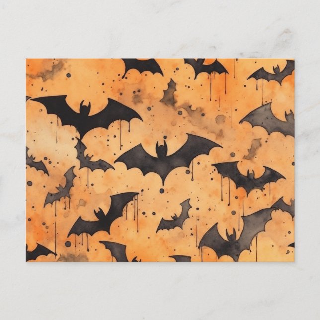 Schwarze Fledermäuse in Aquarellen auf Orange Postkarte (Vorderseite)