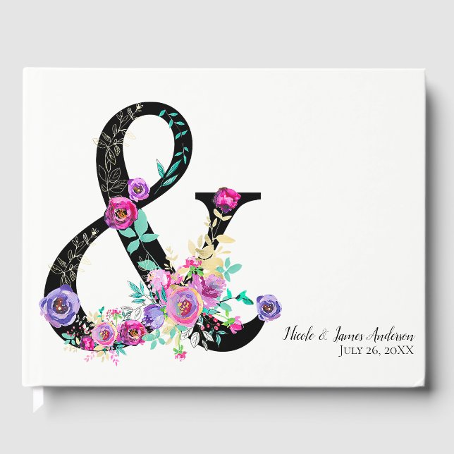 Schwarze Flora Moderne Ampersand Chic Spring Weddi Gästebuch (Vorderseite)
