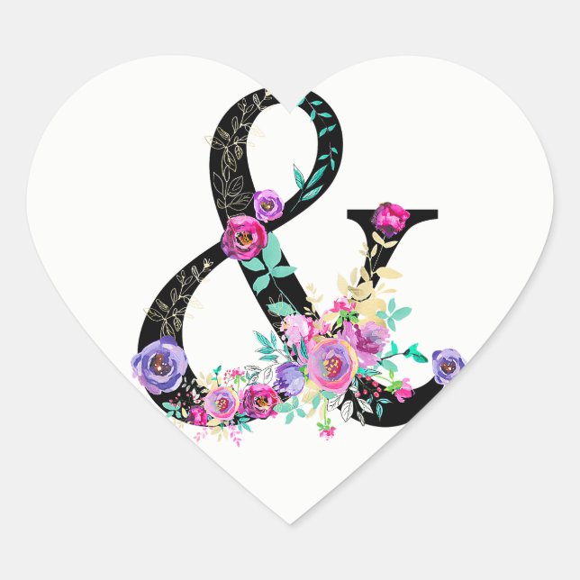 Schwarze Flora Moderne Ampersand Chic Spring Weddi Herz-Aufkleber (Vorderseite)