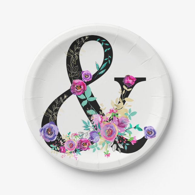 Schwarze Flora Moderne Ampersand Chic Spring Weddi Pappteller (Vorderseite)