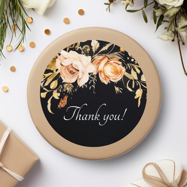 Schwarze Flora Moderne Hochzeit Runder Aufkleber (Black Floral Modern Wedding Classic Round Sticker)