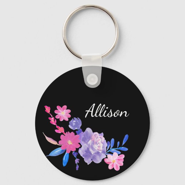 Schwarze Floral Monogramm Niedlich Hübsch Pink Gir Schlüsselanhänger (Vorderseite)