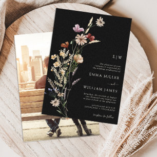 Schwarze Florale Foto-Hochzeitseinladung Einladung