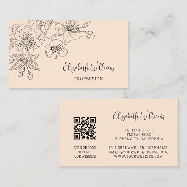 Schwarze Florale Line-Art-Botanik-QR-Code Visitenkarte (Vorne/Hinten)