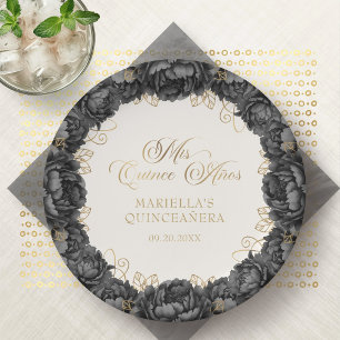 Schwarze Florale Quinceanera Pappteller