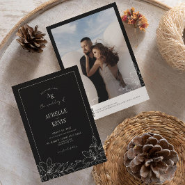 Schwarze Florale Rustikale Monogramm Foto QR Hochz Einladung