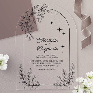 Schwarze florale Stern moderne Bogenhochzeit Acryleinladungen