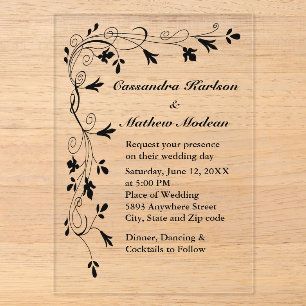 Schwarze Florale Weinranke Hochzeit Elegant Botani Acryleinladungen