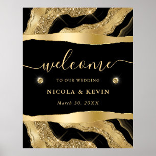 Schwarze Folie und goldener Glitter-Achat-Hochzeit Poster