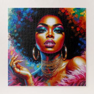 Schwarze Frau Afro Glam Pop Art Puzzle aus den 197