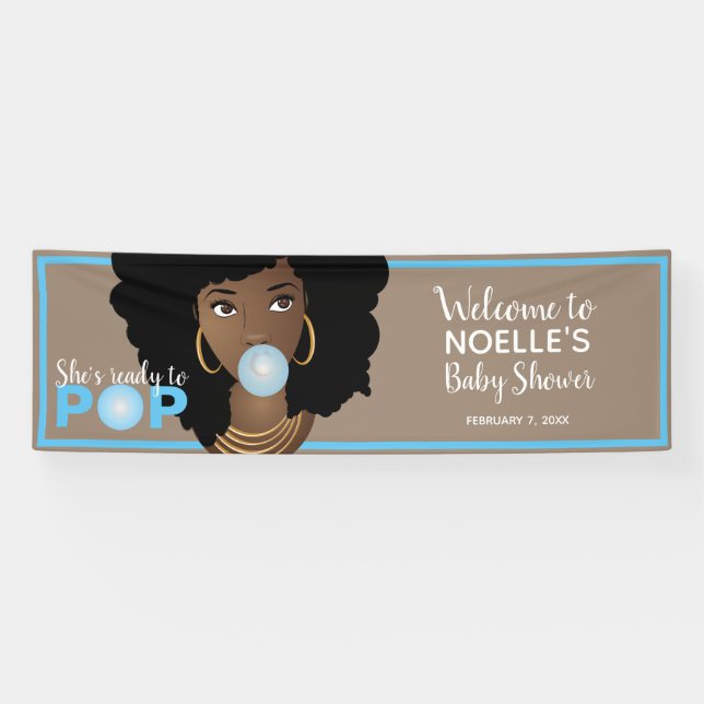 Schwarze Frau, Bereit zum Pop, Bubblegum, Blau Banner (Horizontal)