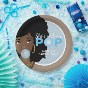 Schwarze Frau, Bereit zum Pop, Bubblegum, Blau Pappteller