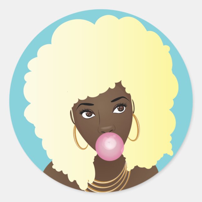 Schwarze Frau, blonde Afro, Poppingrosa Bubblegum Runder Aufkleber (Vorderseite)