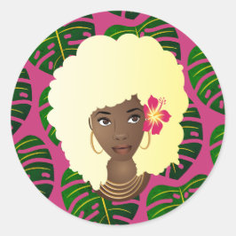 Schwarze Frau, blonde Afro, tropische Blätter, ros Runder Aufkleber