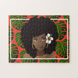 Schwarze Frau, Blume im Haar, tropische Blätter, R