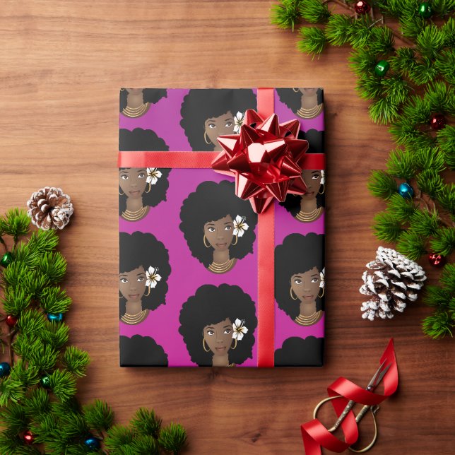Schwarze Frau, Blume in Naturhaar, Rosa Magenta Geschenkpapier (Feiertagsgeschenk)