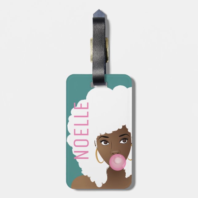 Schwarze Frau, Bubblegum, weißes natürliches Haar, Gepäckanhänger (Rückseite vertikal)