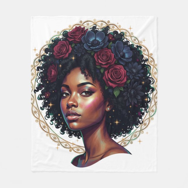 Schwarze Frau dunkle Blumen Afro Fleecedecke (Vorderseite)