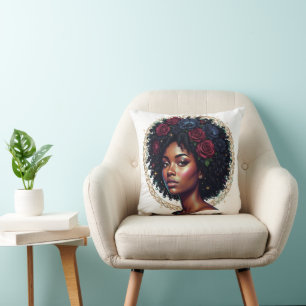 Schwarze Frau Dunkle Blumen Afro Kissen