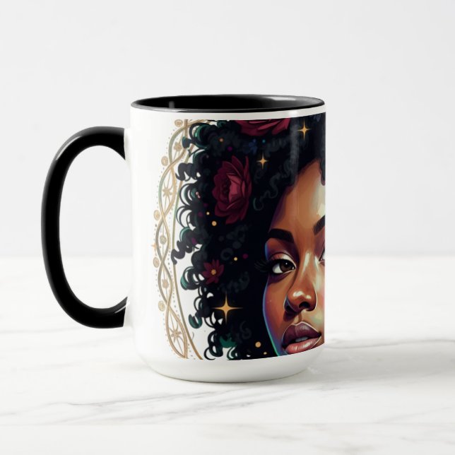 Schwarze Frau dunkle Blumen Afro Tasse (Links)