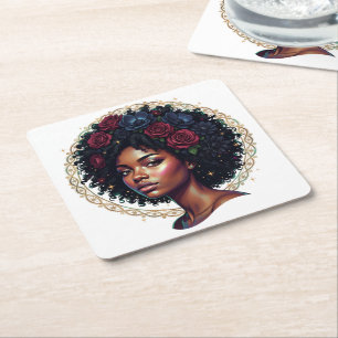 Schwarze Frau Dunkle Floral Afro Rechteckiger Pappuntersetzer