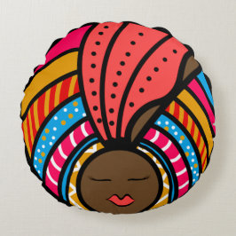 Schwarze Frau farbenfrohe Turban, Orange Rundes Kissen