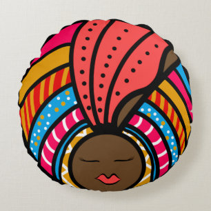 Schwarze Frau farbenfrohe Turban, Orange Rundes Kissen