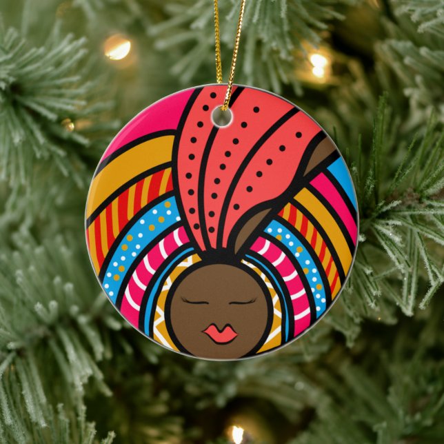 Schwarze Frau farbenfrohe Turban, orangefarbene Or Keramik Ornament (Baum)