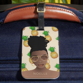 Schwarze Frau, Gold-Shades, Ananas-Muster, Beige Gepäckanhänger