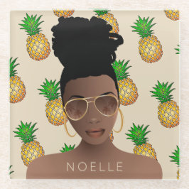 Schwarze Frau, Gold-Shades, Ananas-Muster, Beige Glasuntersetzer