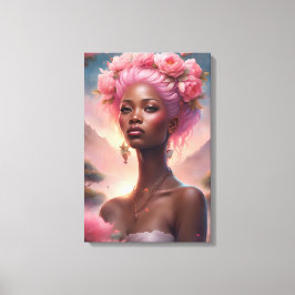 Schwarze Frau im Garten mit rosa Blumen Leinwanddruck