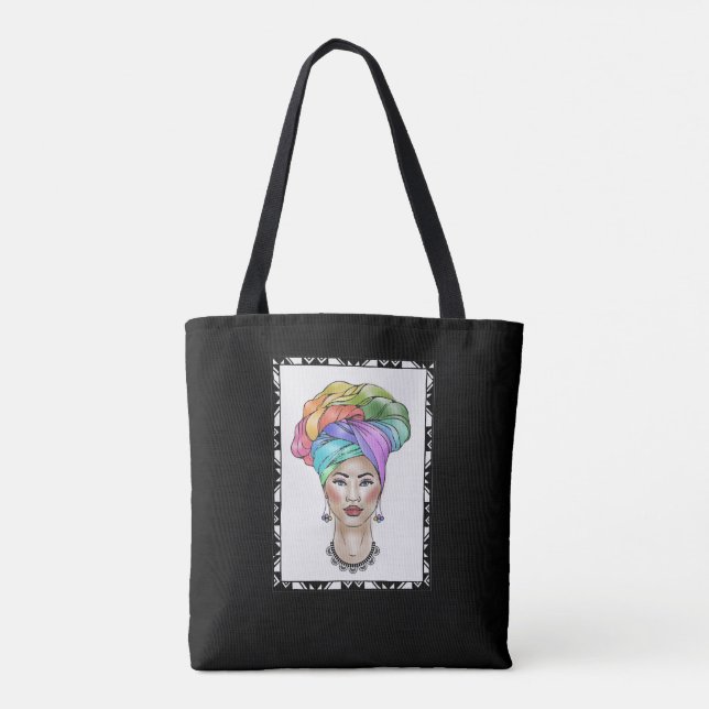 Schwarze Frau in einem farbenfrohen Turban Tasche (Rückseite)