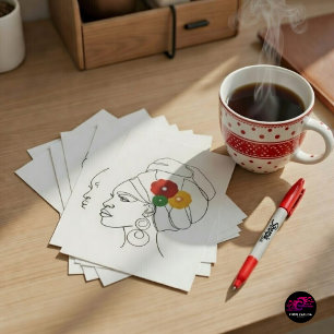 Schwarze Frau Linienkunst Kopfbedeckung Blumen Postkarte