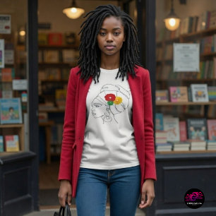 Schwarze Frau Linienkunst Kopfbedeckung Blumen T-Shirt