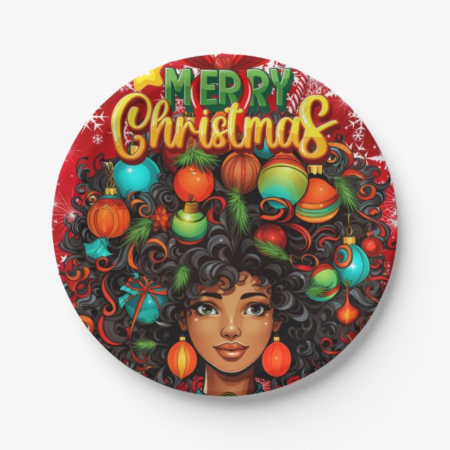 Schwarze Frau Melanin Weihnachten Afro Natural Que Pappteller (Vorderseite)