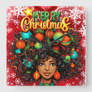 Schwarze Frau Melanin Weihnachten Afro Natural Que Quadratische Wanduhr