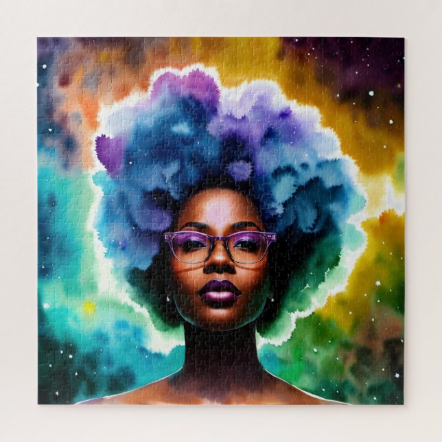 Schwarze Frau mit Afro Hair in Brille Galaxie Kuns (Vertikal)
