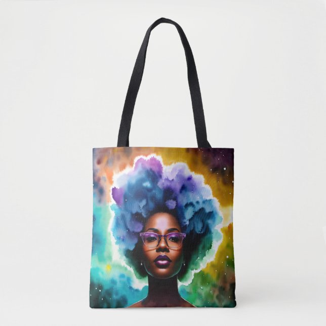 Schwarze Frau mit Afro Hair in Brille Galaxie Kuns Tasche (Vorderseite)