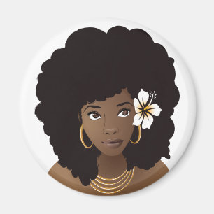 Schwarze Frau mit einer Blume in ihrem natürlichen Magnet