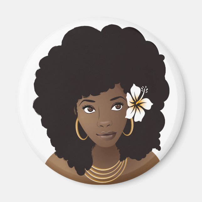 Schwarze Frau mit einer Blume in ihrem natürlichen Magnet (Vorne)