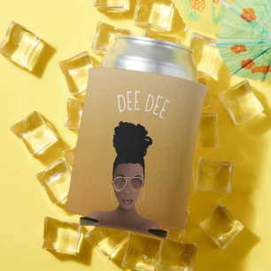 Schwarze Frau mit Gold-Shades & High Bun, Gelbes G Dosenkühler