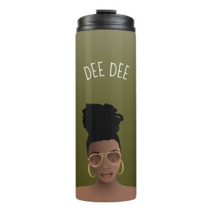 Schwarze Frau mit Gold-Shades & High Bun, Olivengr Thermosbecher
