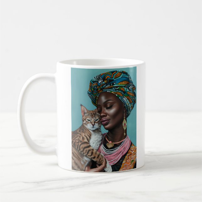 Schwarze Frau mit Katze Kaffeetasse (Links)
