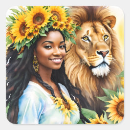 Schwarze Frau mit Sonnenblumen und Löwen Quadratischer Aufkleber