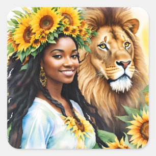 Schwarze Frau mit Sonnenblumen und Löwen Quadratischer Aufkleber